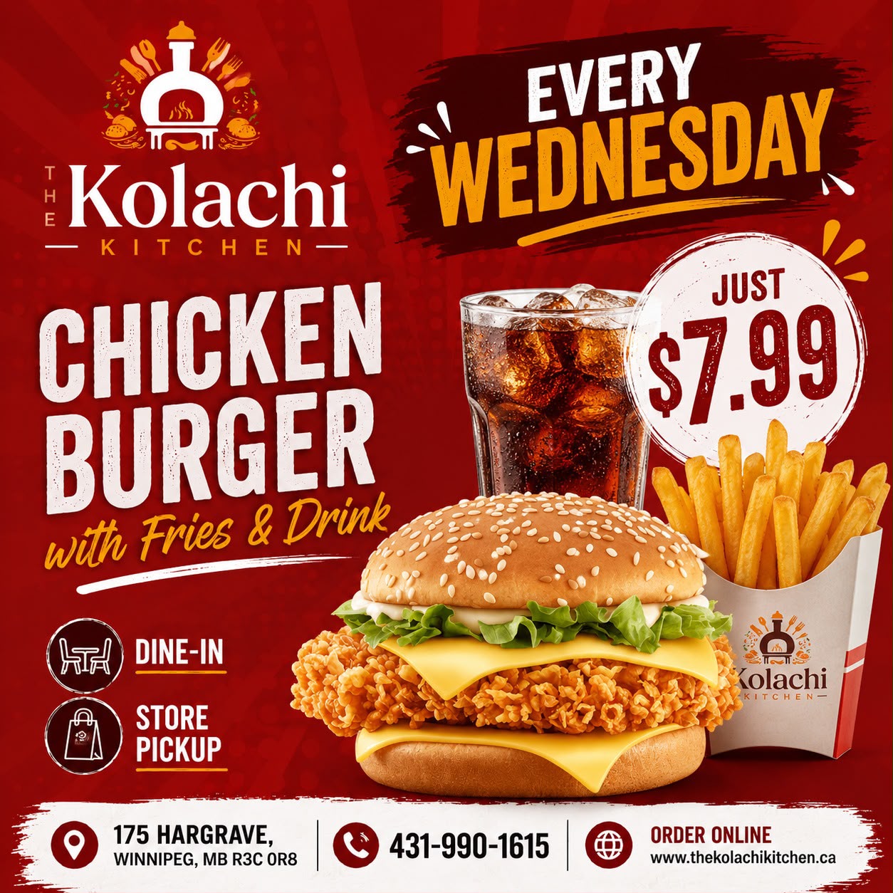 The Kolachi Kitchen Every Wednesday Special — Chicken Burger with Fries & Drink for $7.99, 175 Hargrave St Winnipeg